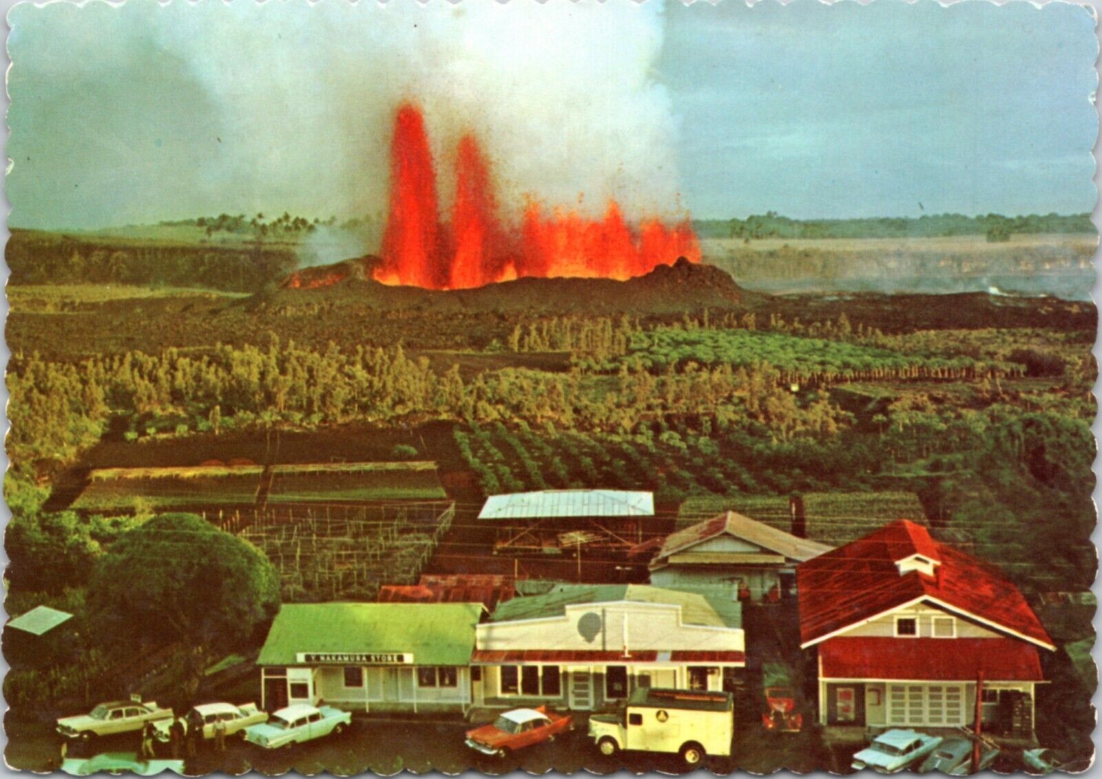 Postcard HI volcano Kapoho Village - lava fountain behind store, cars