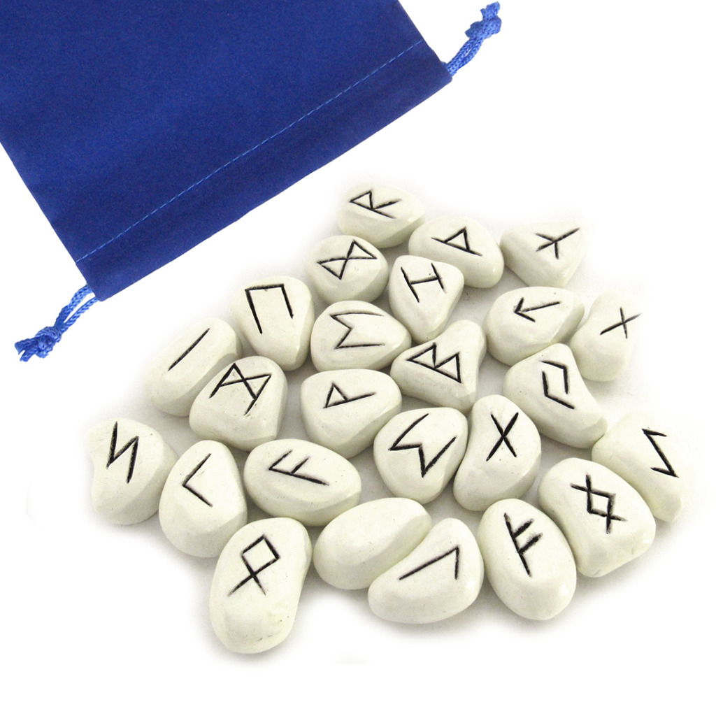 White Resin Rune Set NEW Norse Runes 25 pc Elder Futhark Tiles w/ Bag & Meanings