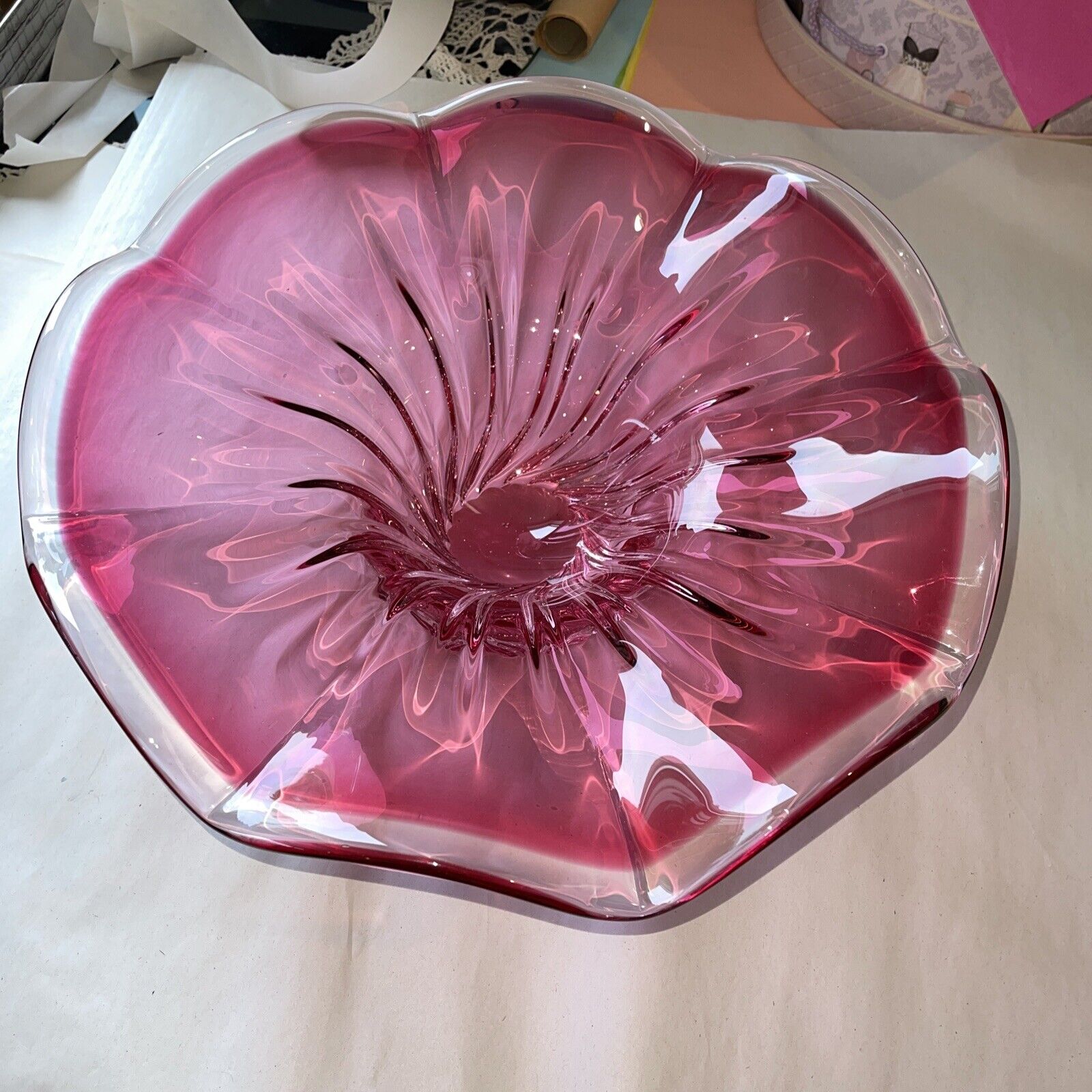 Gorgeous VTG Large Egermanm, Cranberry Glass Heavy Decor Decorative Fruit Bowl