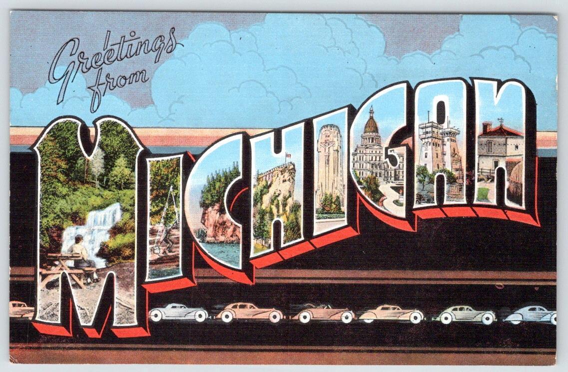 1940's GREETINGS FROM MICHIGAN VINTAGE LARGE LETTER LINEN POSTCARD
