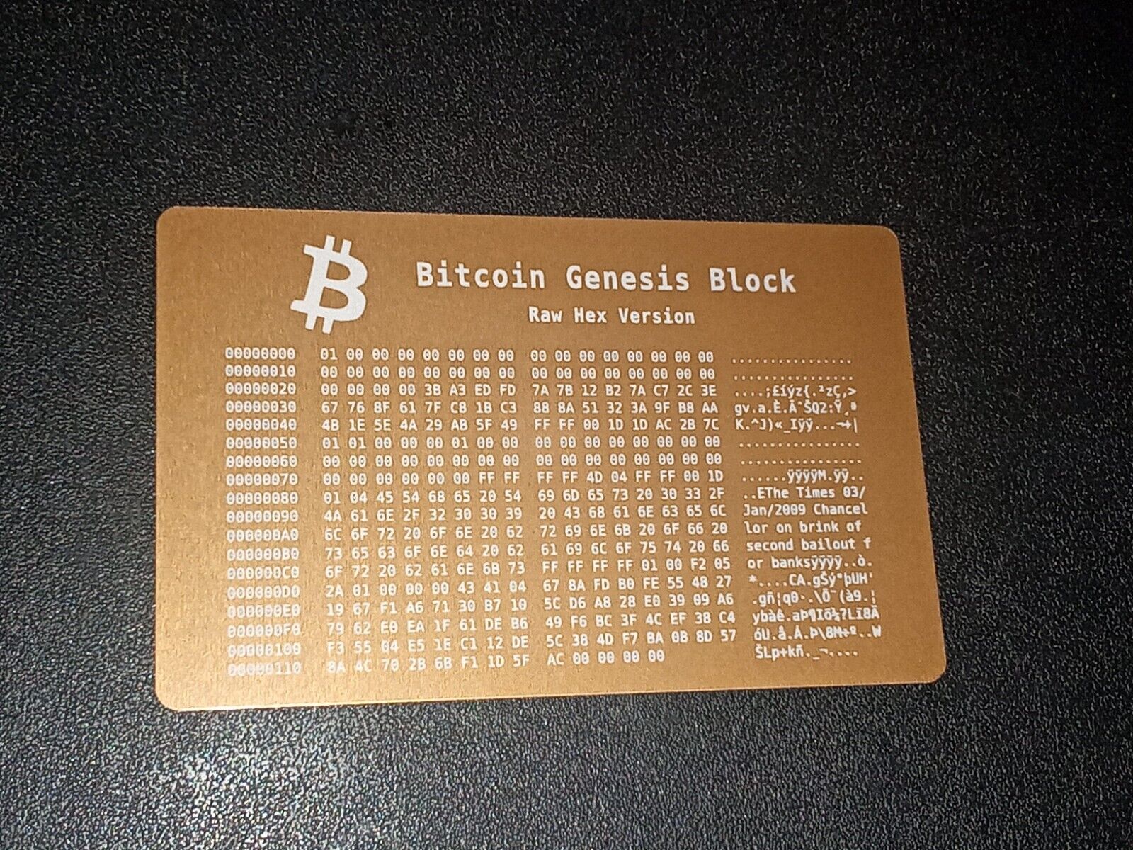 Bitcoin Crypto BTC Genesis Block in Raw Hex - Collectible Metal Wallet Card