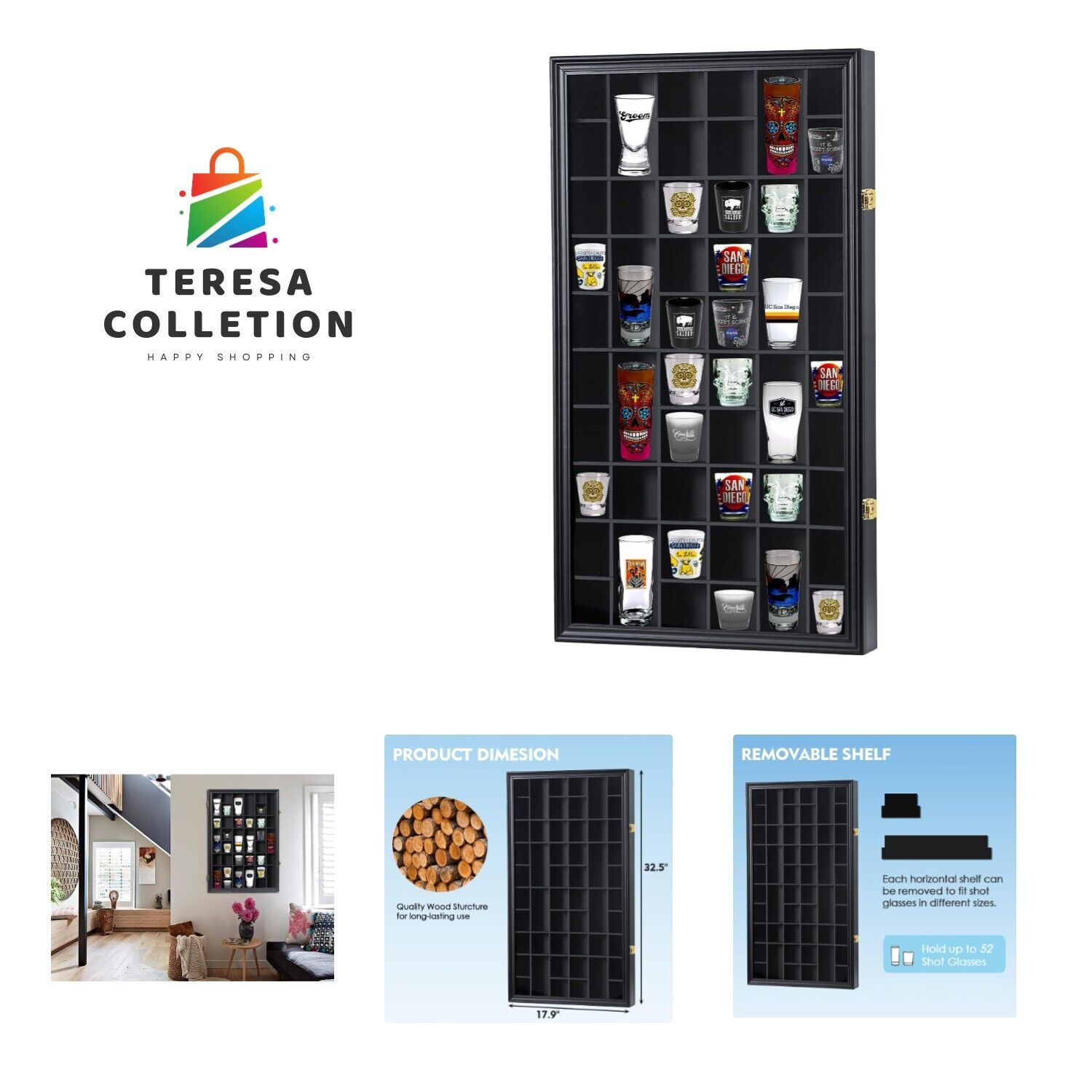 52 Slots Shot Glass Display Case with Lockable Door, Solid Wood Cabinet Colle...