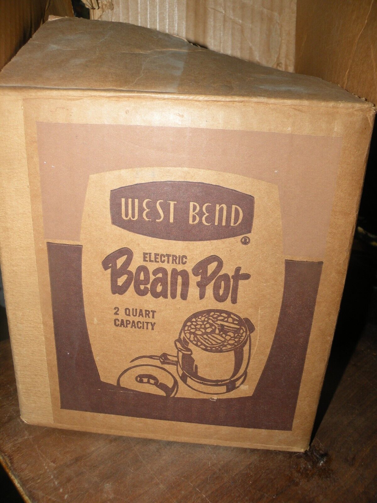 VTG West Bend Heat-Rite Brown Stoneware Bean Pot Soup Warmer 3292E CORD IN BOX