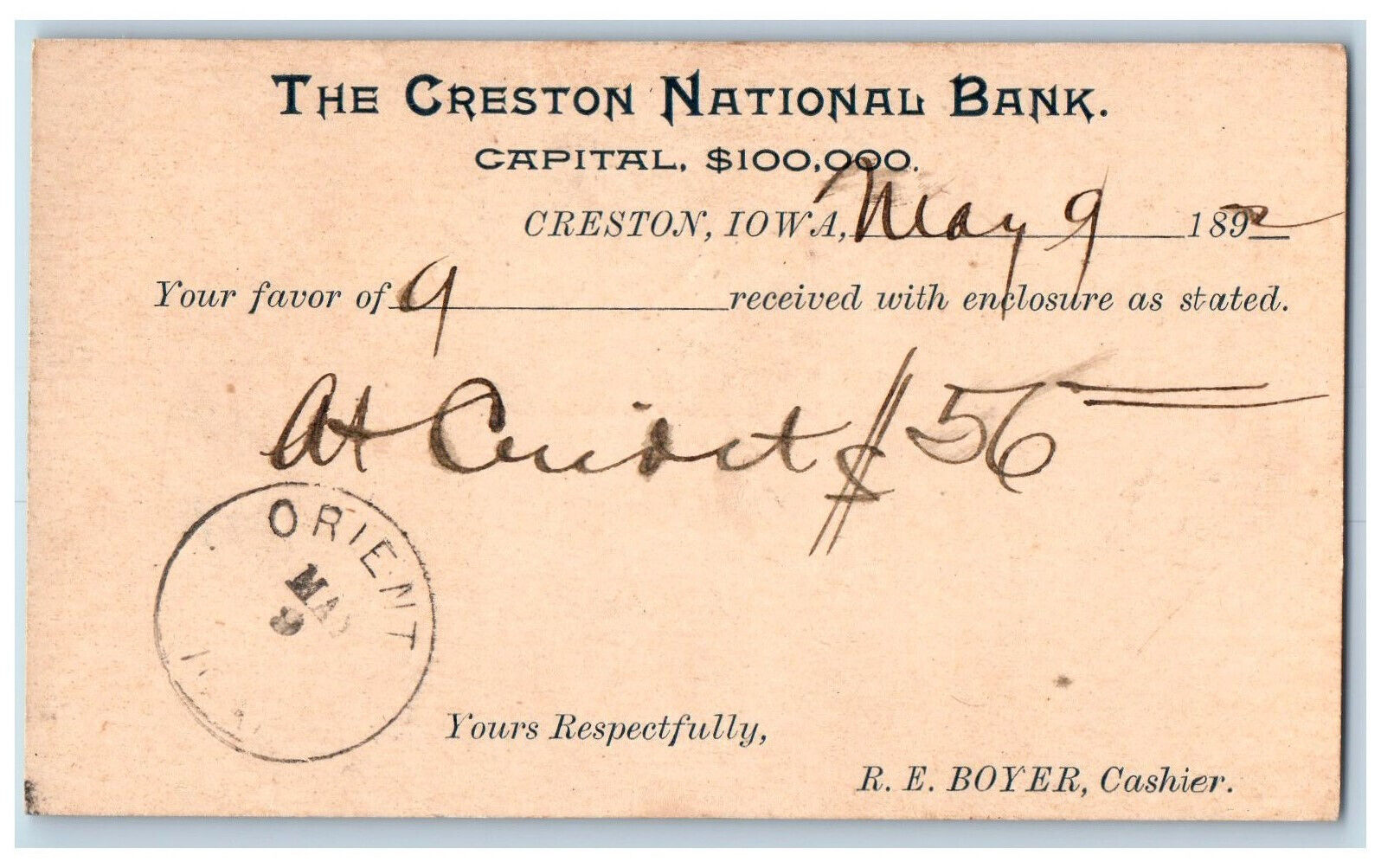Creston Iowa IA Orient IA Postal Card Creston National Bank 1892 Posted