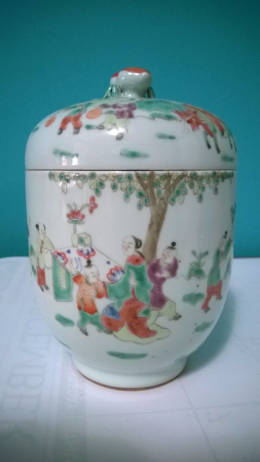 Antique Vintage Oriental Hand Painted,Enameled  JAR with a LID  4 3/8