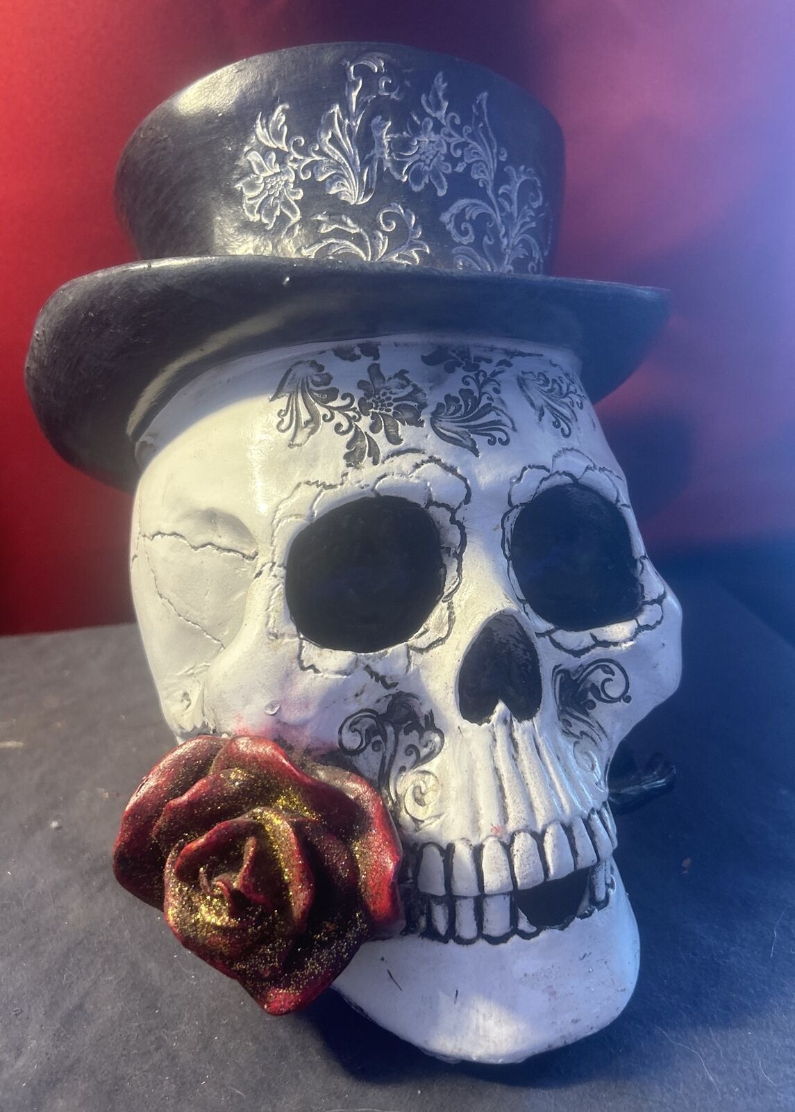 Vintage Dia De Los Muertos Skull With Top Hat & Glittered Red Rose In Mouth