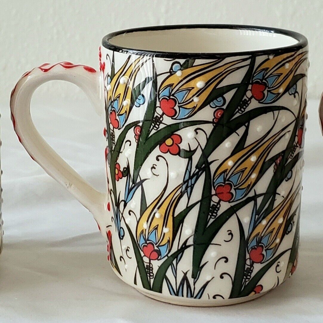 Set of 3 Nakkas Cini Hand-Painted Floral Grass Ceramic 10 oz Mugs Turkey Turkish