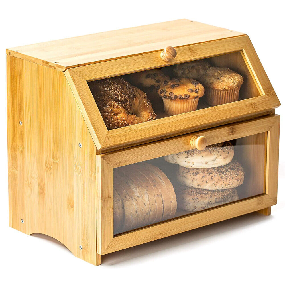 Double Layer Large Bamboo Wood Bread Box For Kitchen Countertop Bread Storage