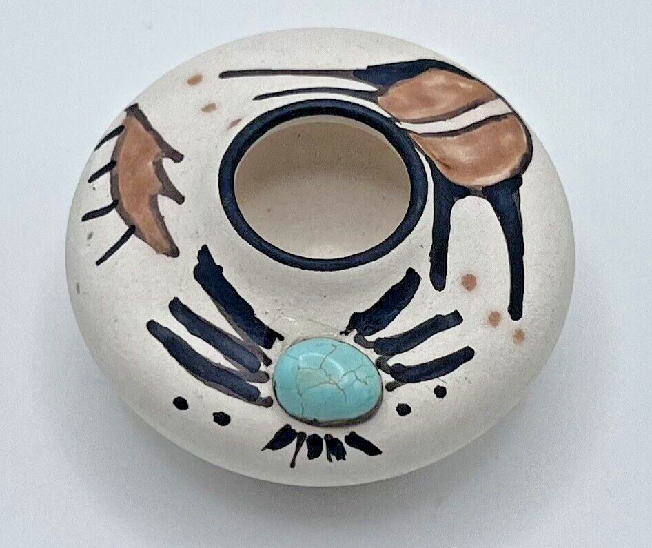 Isleta Pueblo Southwest Native American Miniature Pottery with embeded Turquoise
