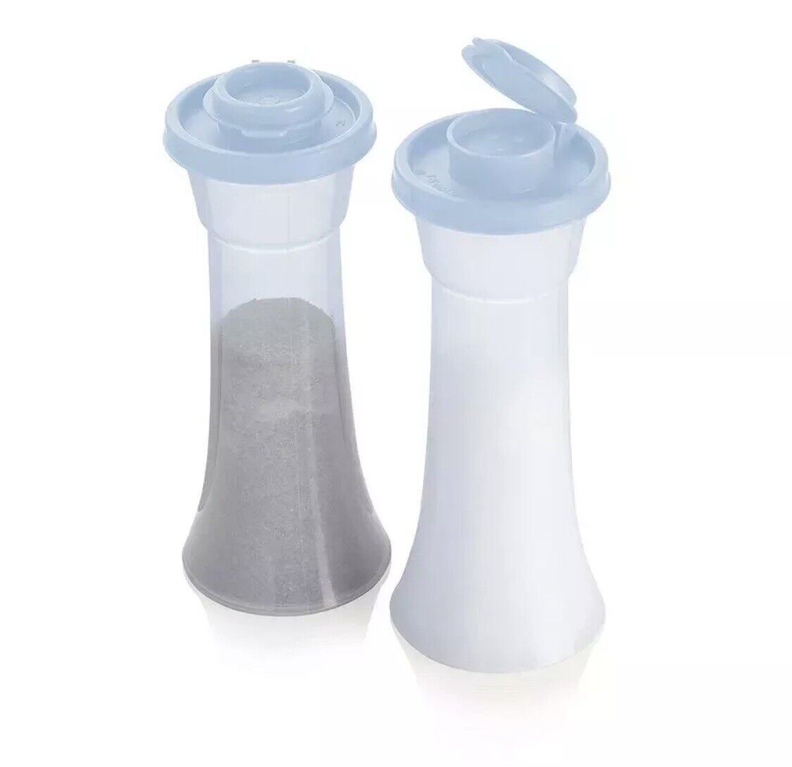 Tupperware Large Hourglass Salt and Pepper Shaker Set Blue Seals New