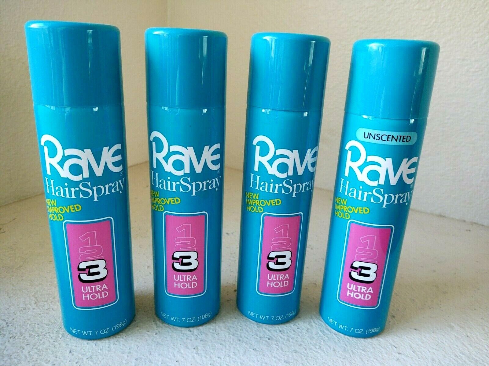 Lot/4 VTG Rave Ultra Hold 3 Hairspray 7oz Can 1 Unscented New Improved Hold PROP