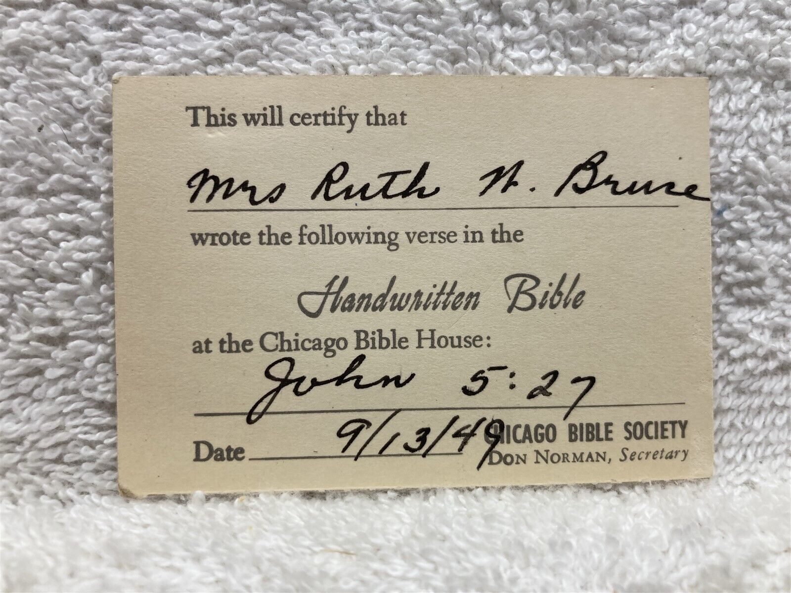 1949 Handwritten Bible Chicago Bible House John 5:27 Verse Society Card  Vtg