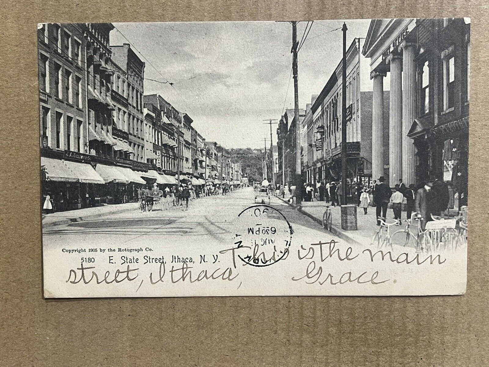 Postcard Ithaca NY New York State Street Horses Bicycles Vintage 1905 UDB