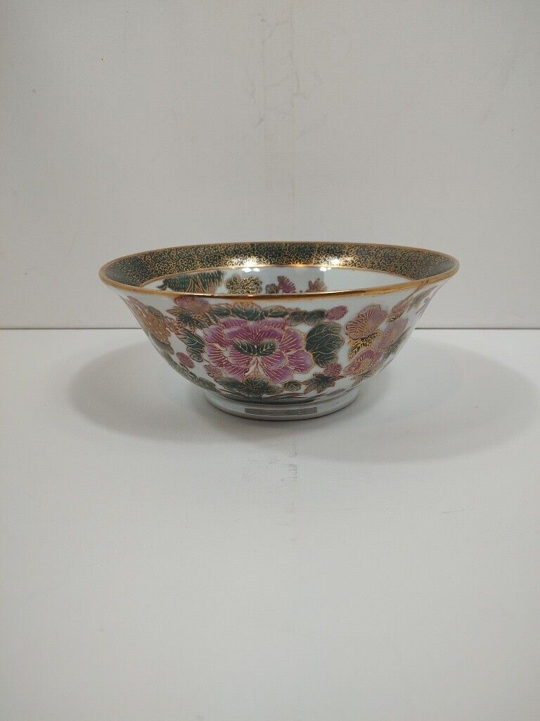 Vintage Oriental Display Bowl Green Gold Mauve Floral 8.5” Ornate Flowers