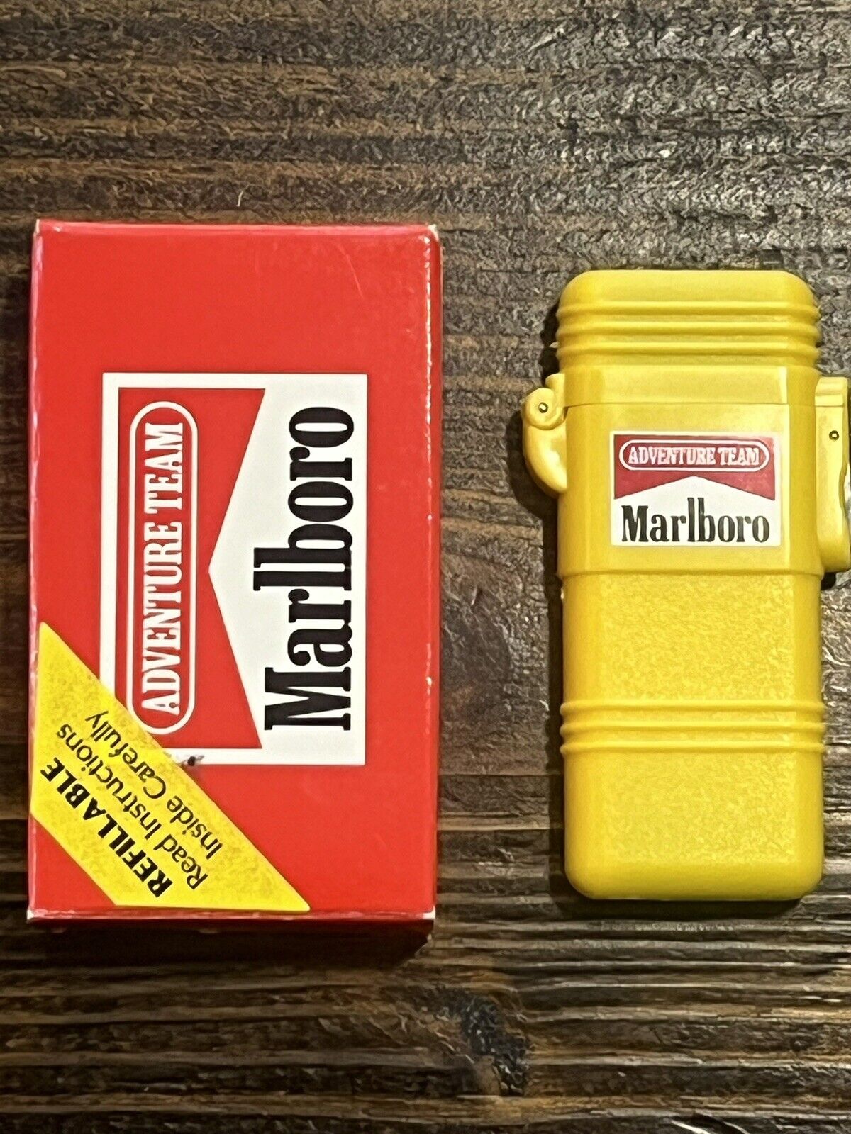 1992 Vintage Yellow Marlboro Adventure Team Lighter Original Red Box - 