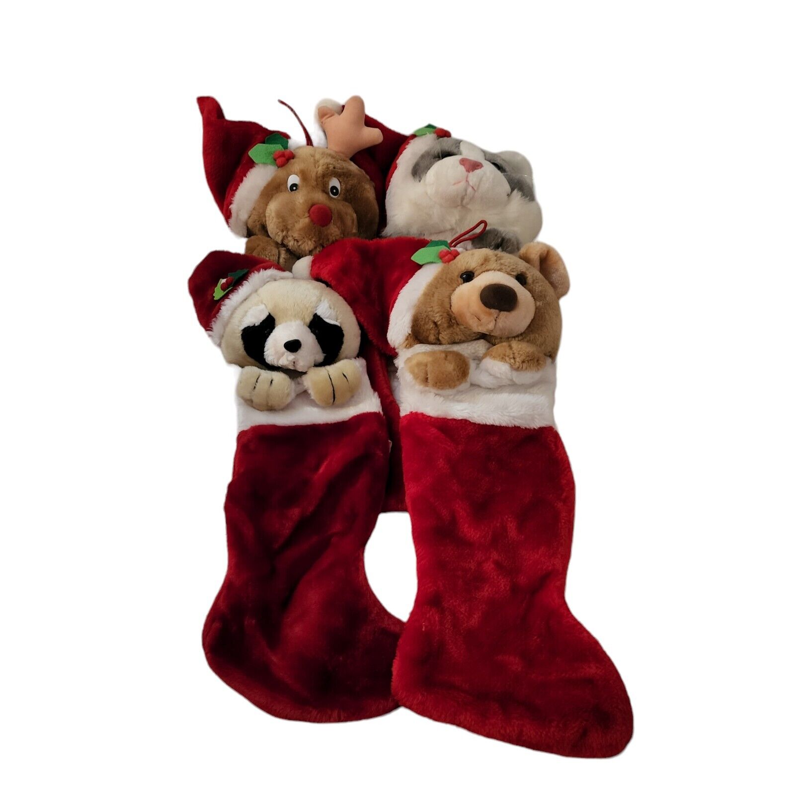 Lot 4 VTG SMITHY Plush Bear, Reindeer, Cat, Racoon Christmas Stockings 3D Hat