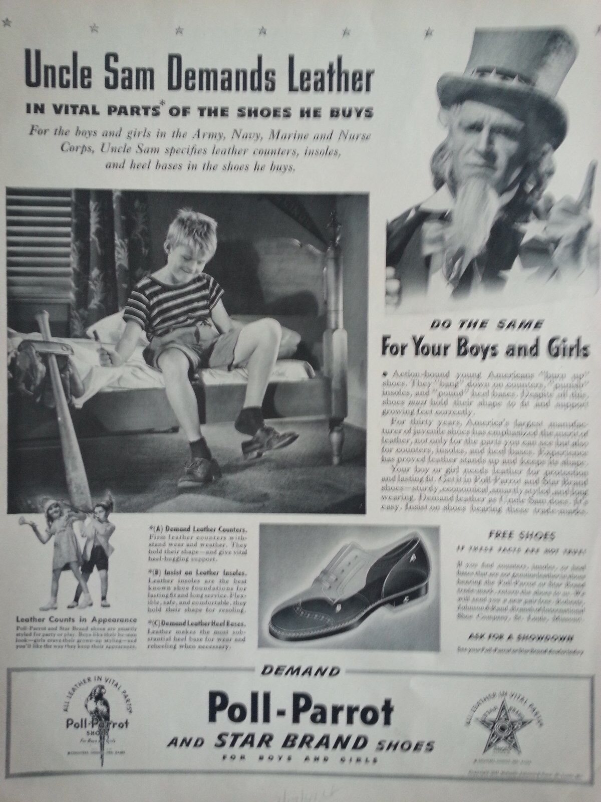 1941 Poll Parrot Shoes Uncle Sam Demands Leather Children Boy Original Ad