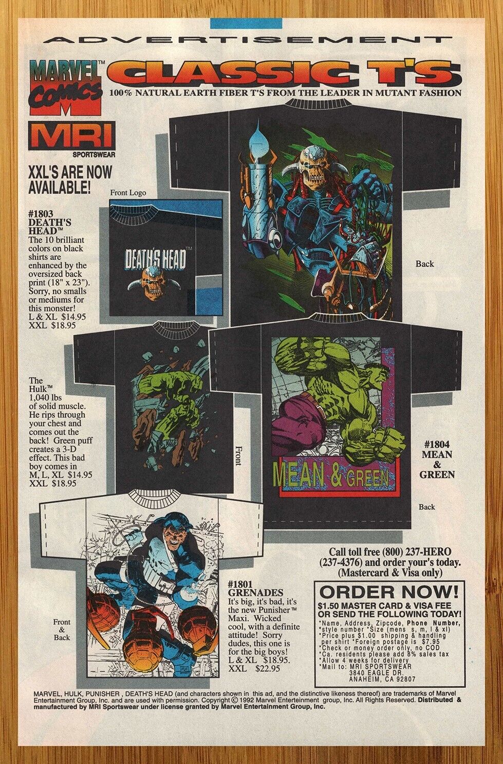 1992 MRI Marvel T-Shirts Vintage Print Ad/Poster Hulk Death's Head Punisher Art