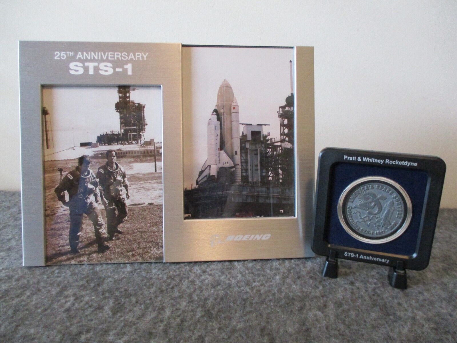 NASA BOEING (STS-1) 25th ANNIVERSARY PHOTOS+FLOWN COIN-SSME FRAGMENTS-ROCKETDYNE