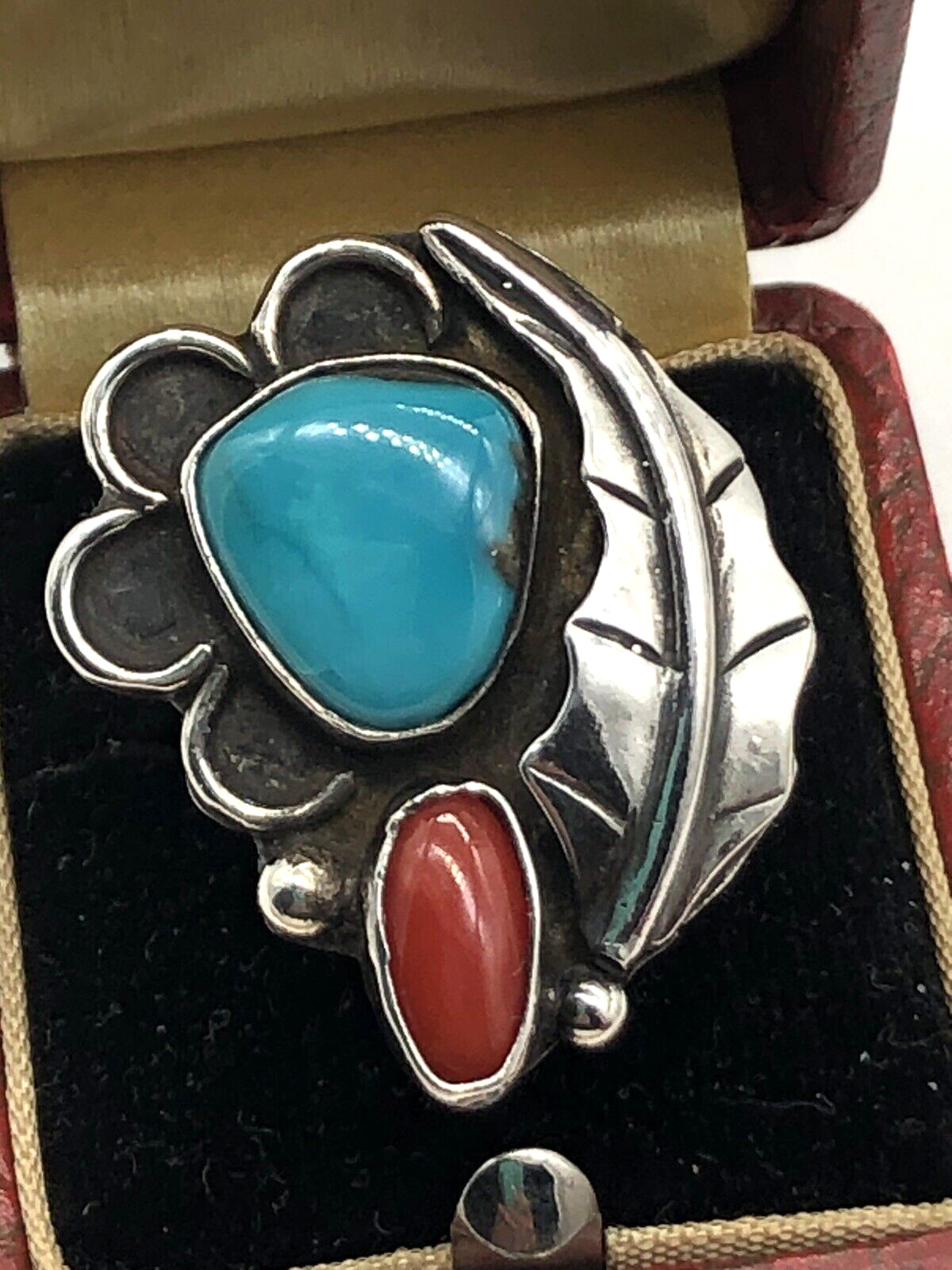 Vintage Native American Sterling Silver Turquoise Coral Flower Leaf Ring S 5.5