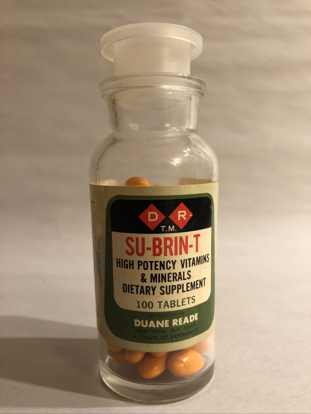 Vintage Duane Reade High Potency Vitamins Su-brin-t Apothecary Glass Bottle