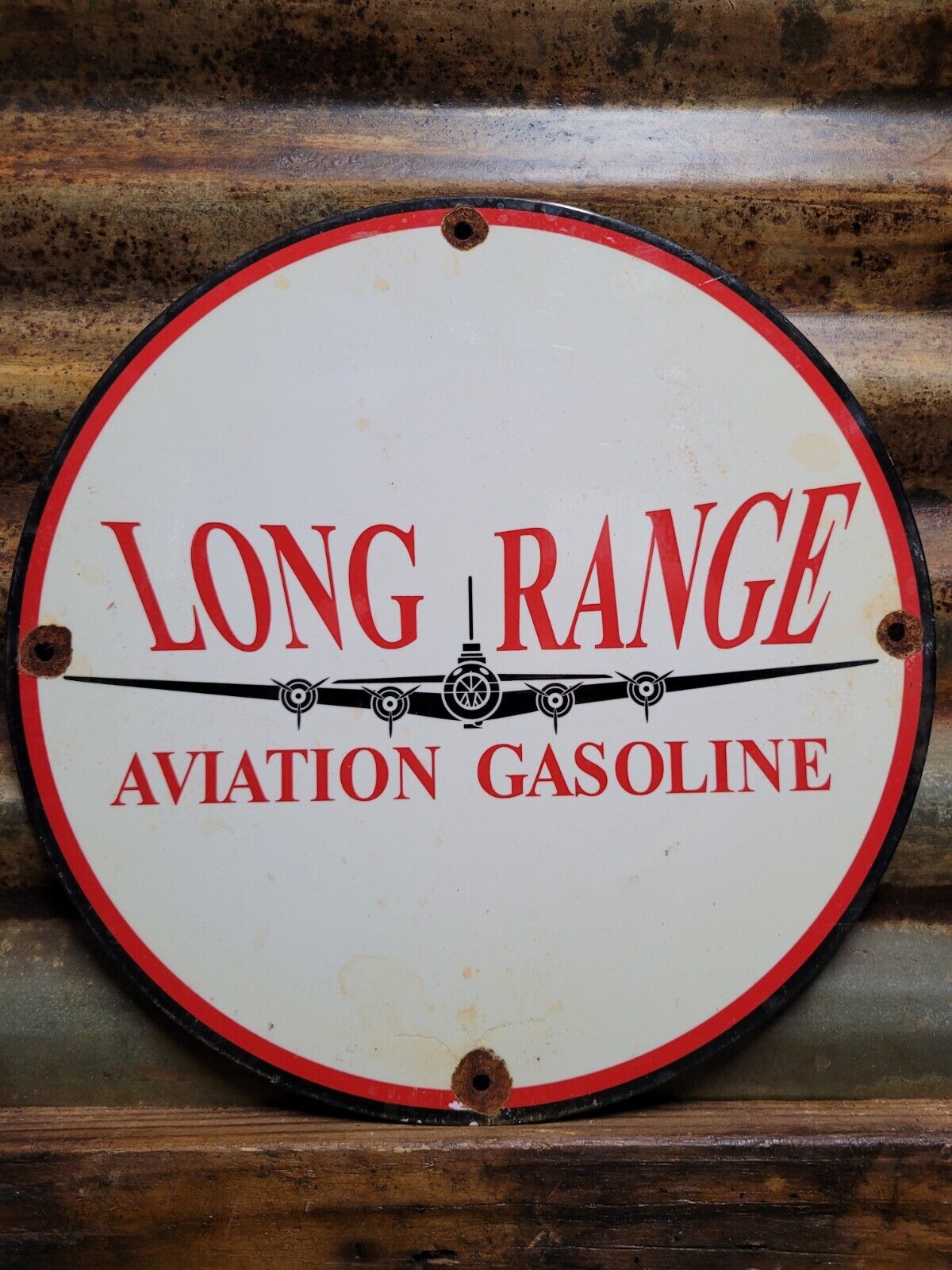 VINTAGE LONG RANGE PORCELAIN SIGN AVIATION GASOLINE FLYING OIL GAS AIRPLANE PUMP