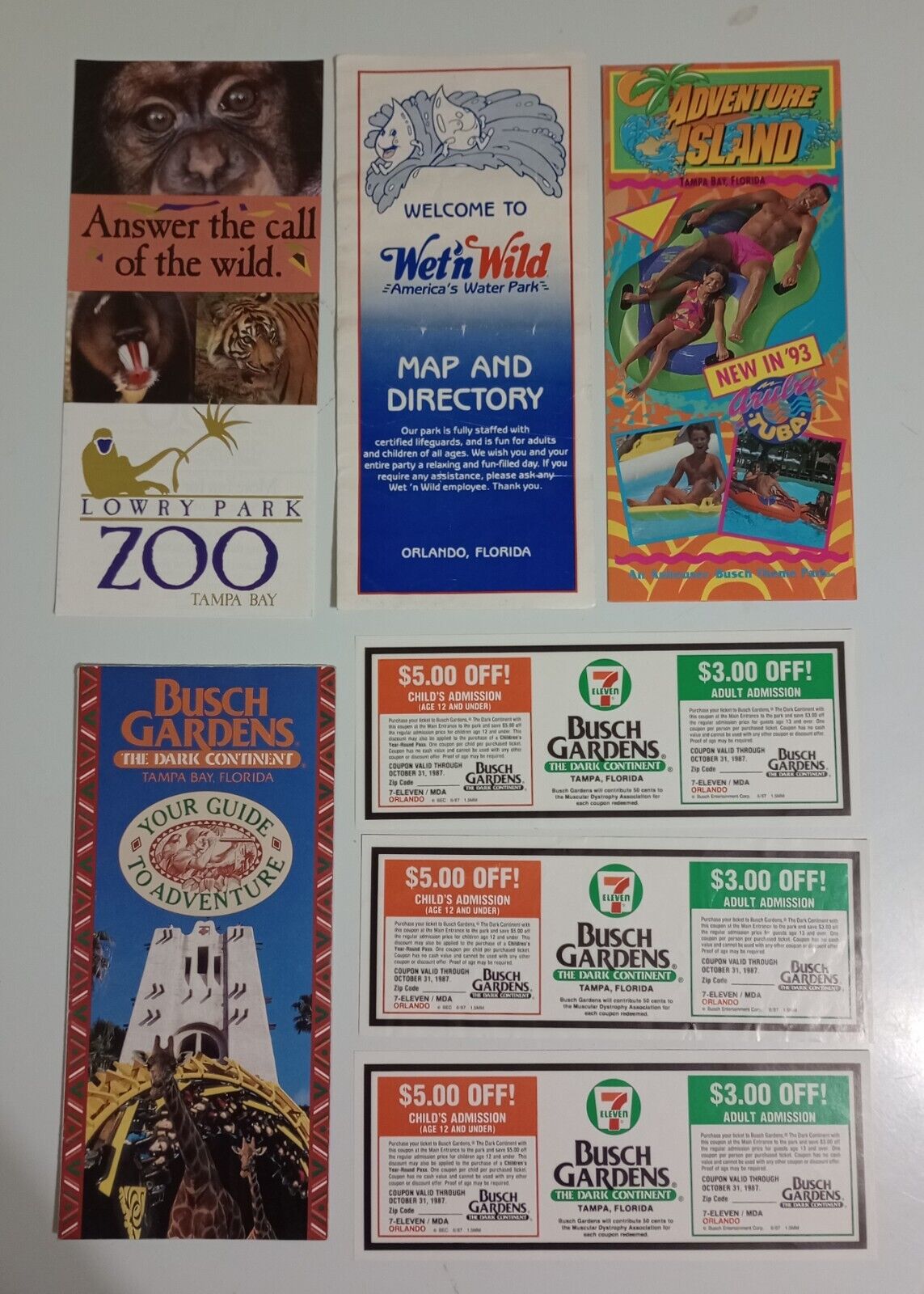 1980's & 1990's Florida Theme Park And Zoo Vintage Brochures & Coupons Lot Of 7