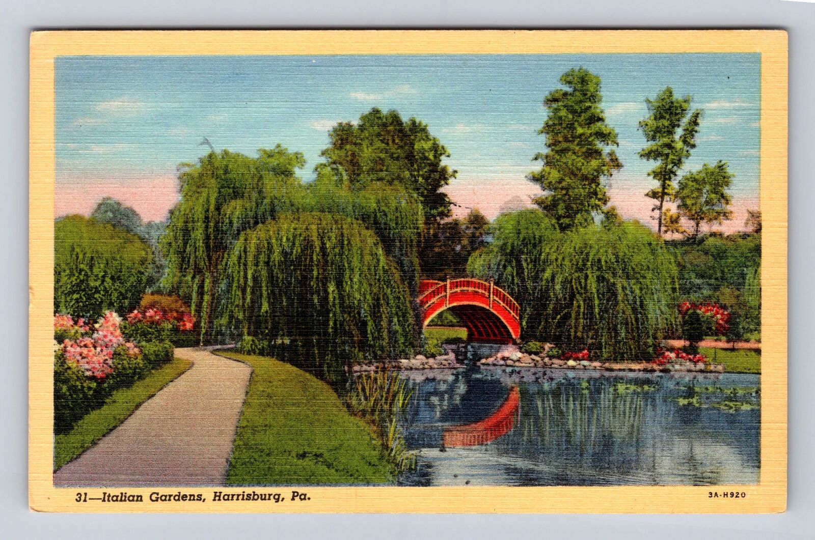 Harrisburg PA-Pennsylvania, Italian Gardens, Footbridge, Vintage Postcard