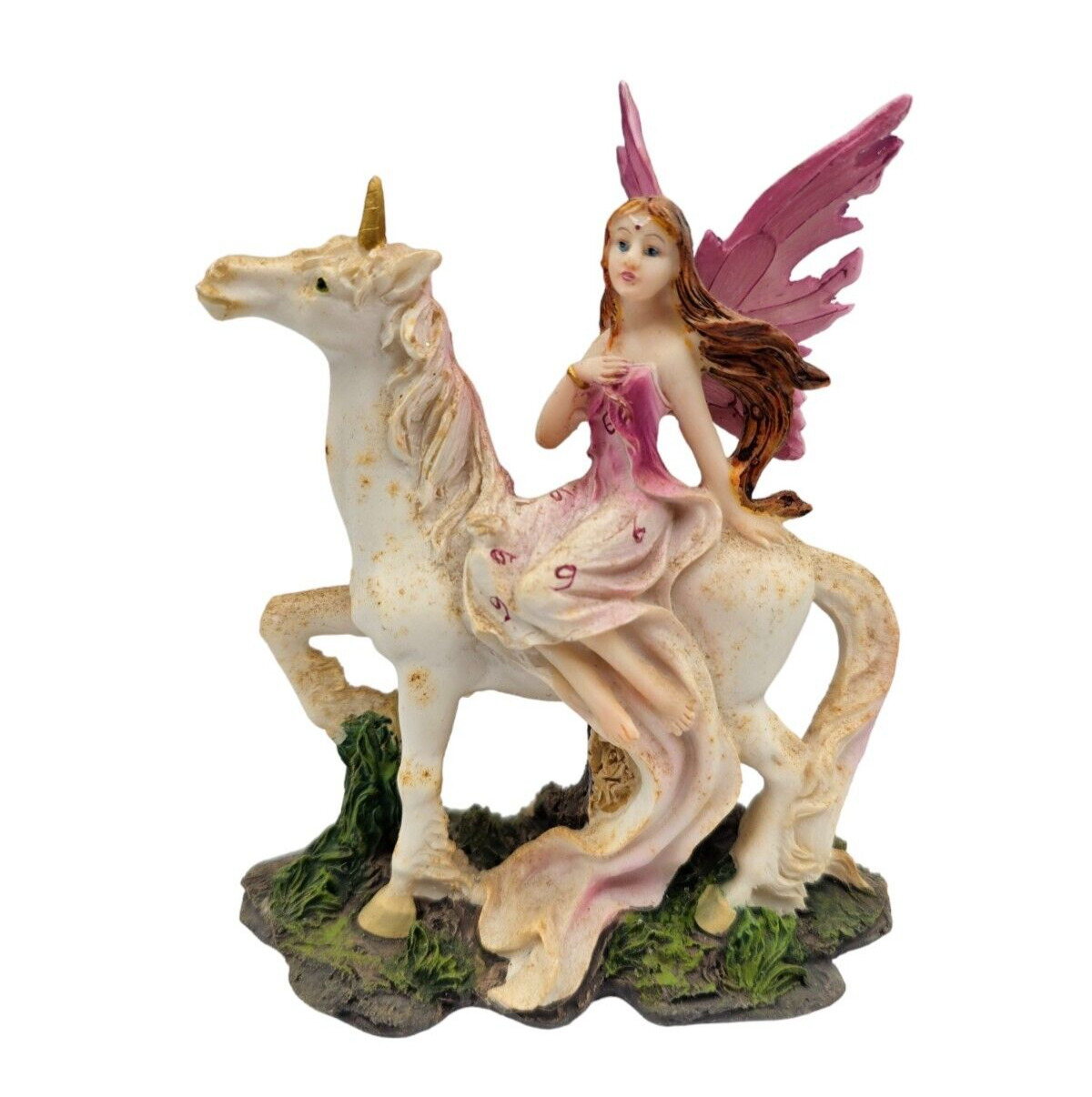 Vintage 1990s Hand Painted Unicorn and Fairy Figurine Pink Wings