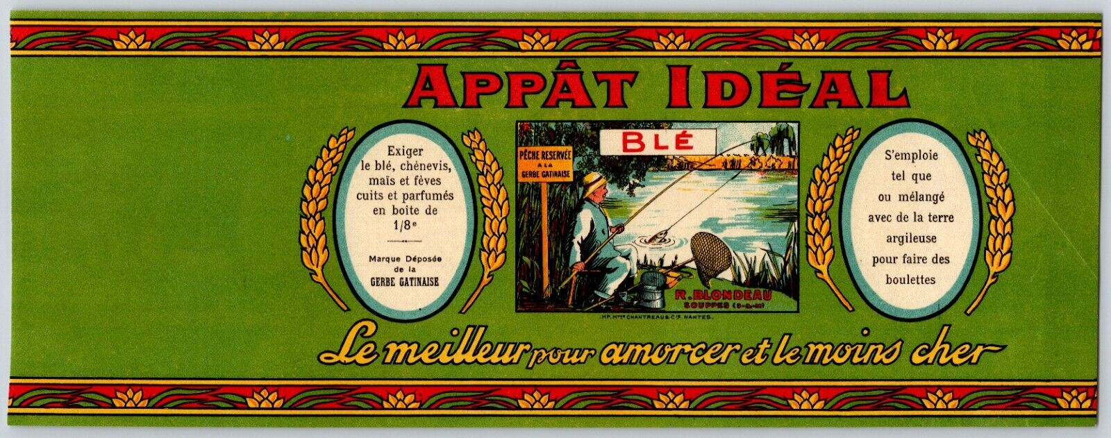 Appât Idéal Ideal Bait French Paper Can Label c1910's- 20's -Man Fishing in Lake