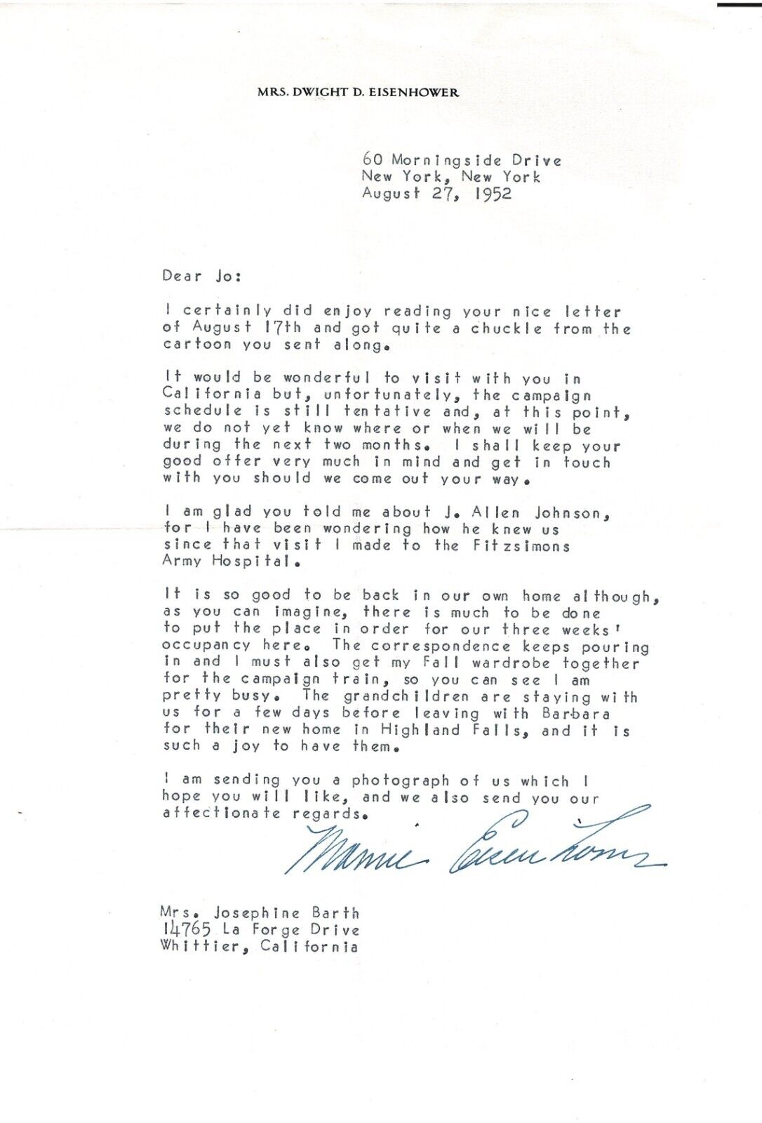 Mamie Eisenhower Signed Letter While Campaigning with Ike, 1952