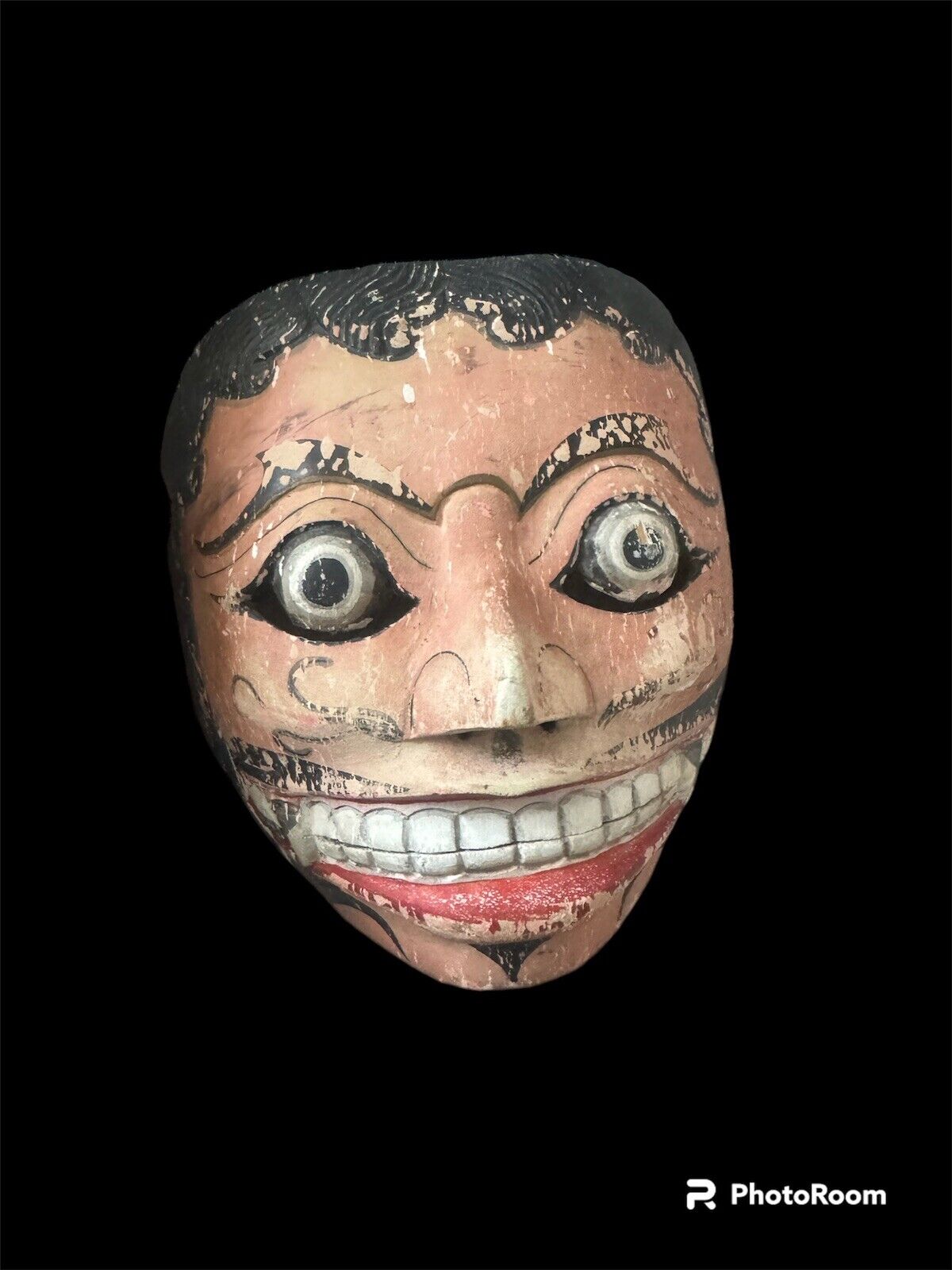 Antique Traditional Indian Painted Wooden Mask With Black Hair