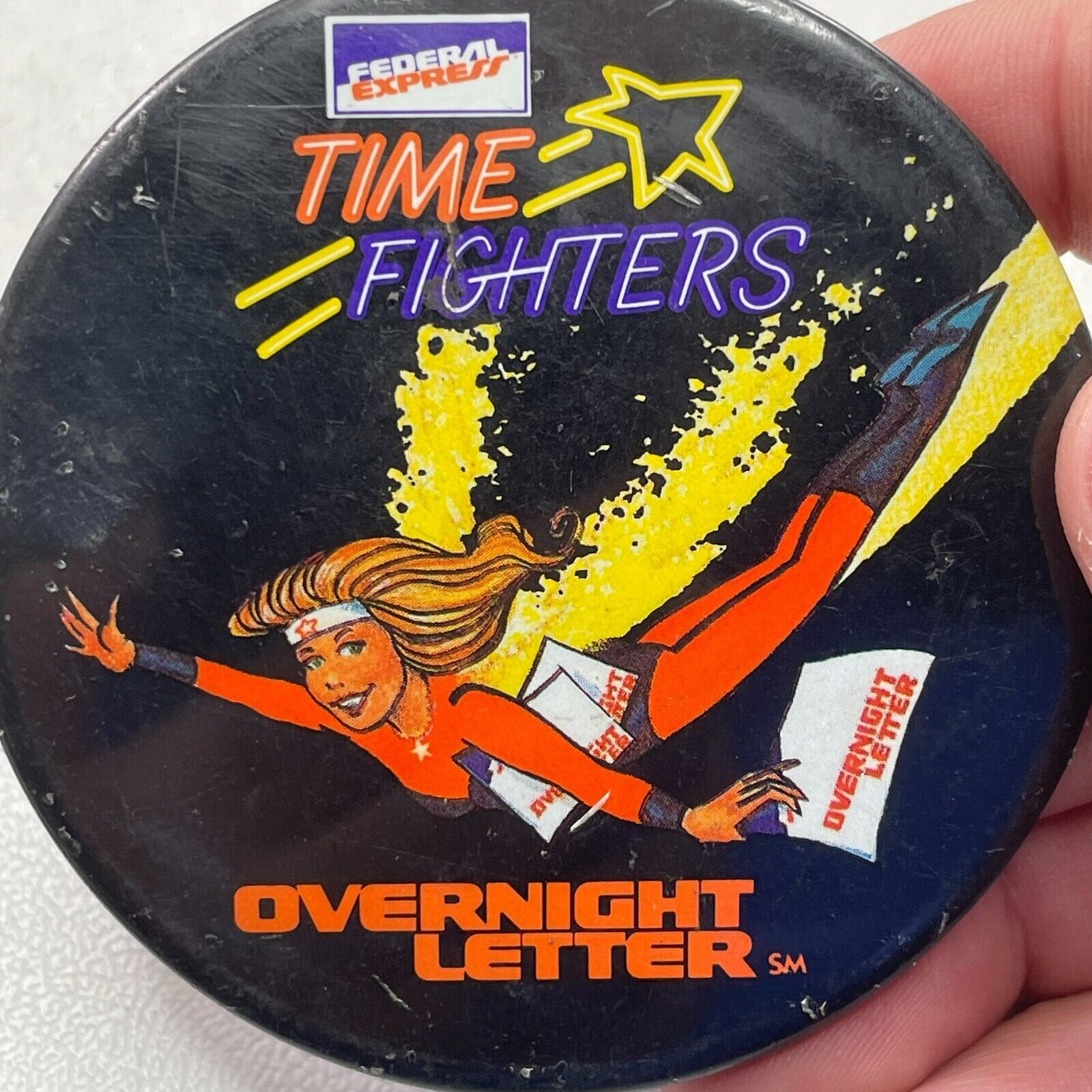 Girl Airplane Federal Express TIME FIGHTERS Overnight Letter Pinback Button 251D