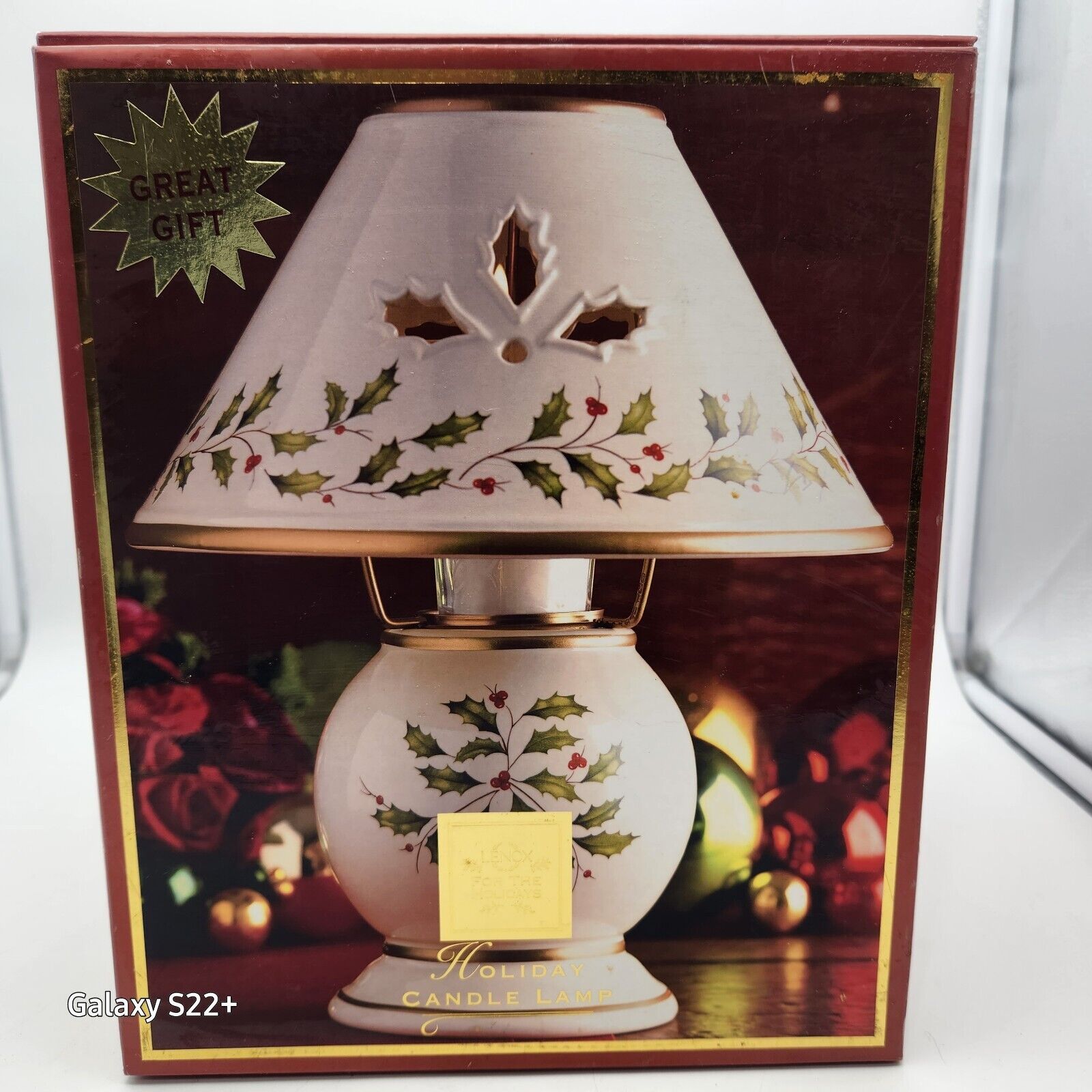Vintage Lenox Holiday Tealight Lamp #6260061 Porcelain Holly Gold Trim Discont.