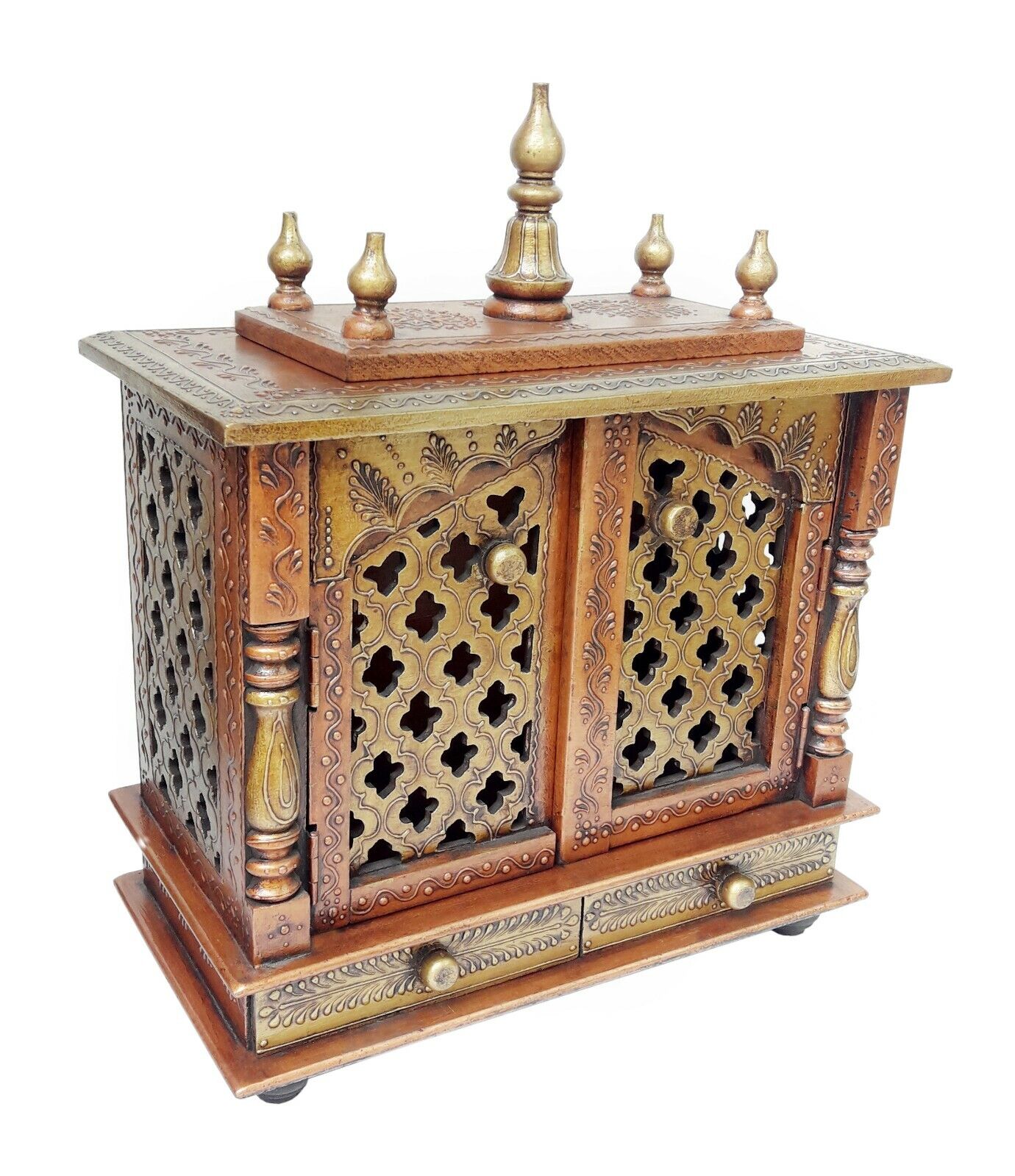 Wooden Temple For Home Handmade Embossed Copper Pooja Mandir with Drawers/window
