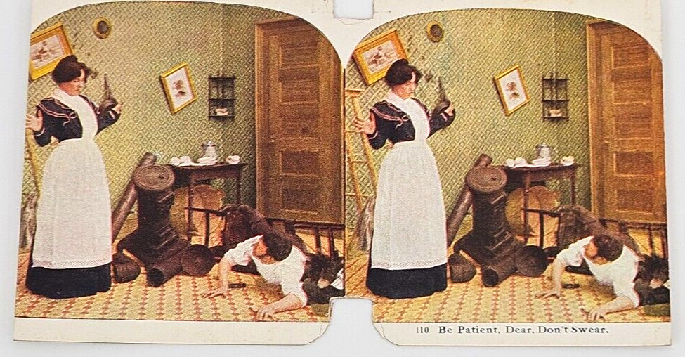 Victorian Stereoview Comical~ Be Patient Dear Don\'t Swear~ Chaos Messy Room Fell