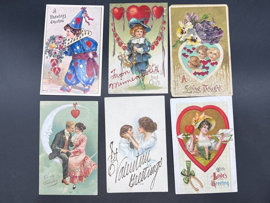 Lot: 6 Vintage Antique Victorian Valentine's Day Post Cards Glitter Silver Moon
