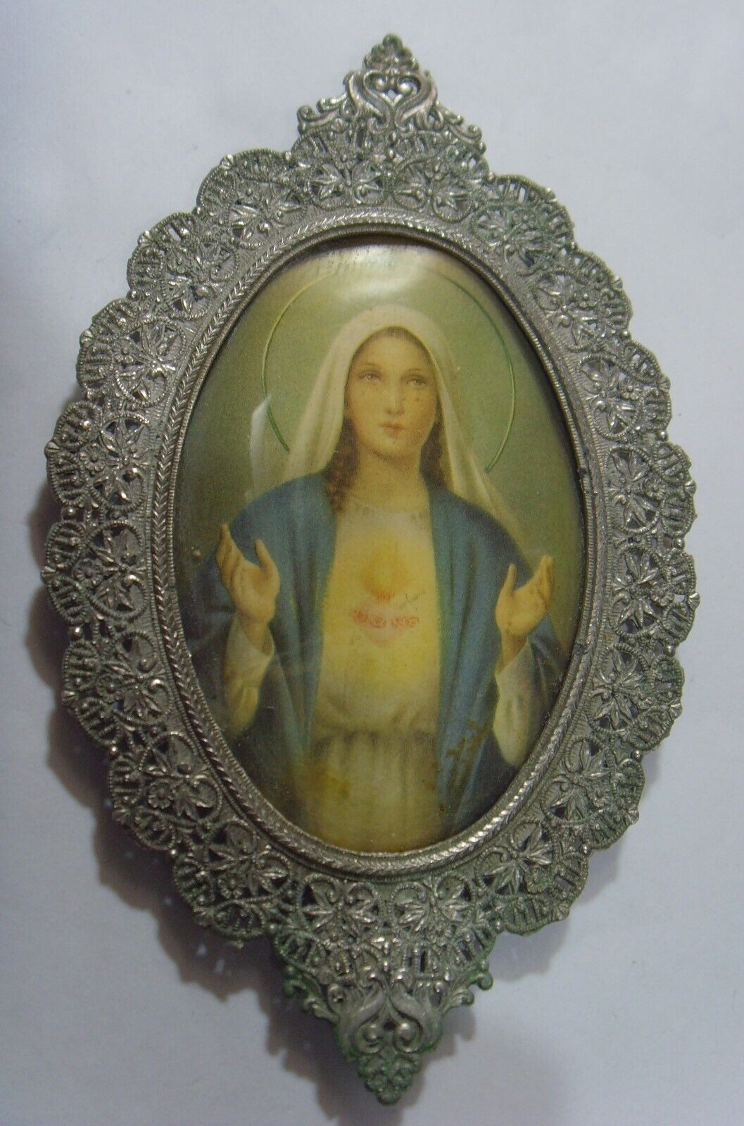 1800s antique catholic Saint Mary silver tone metal filigree frame icon FC1275