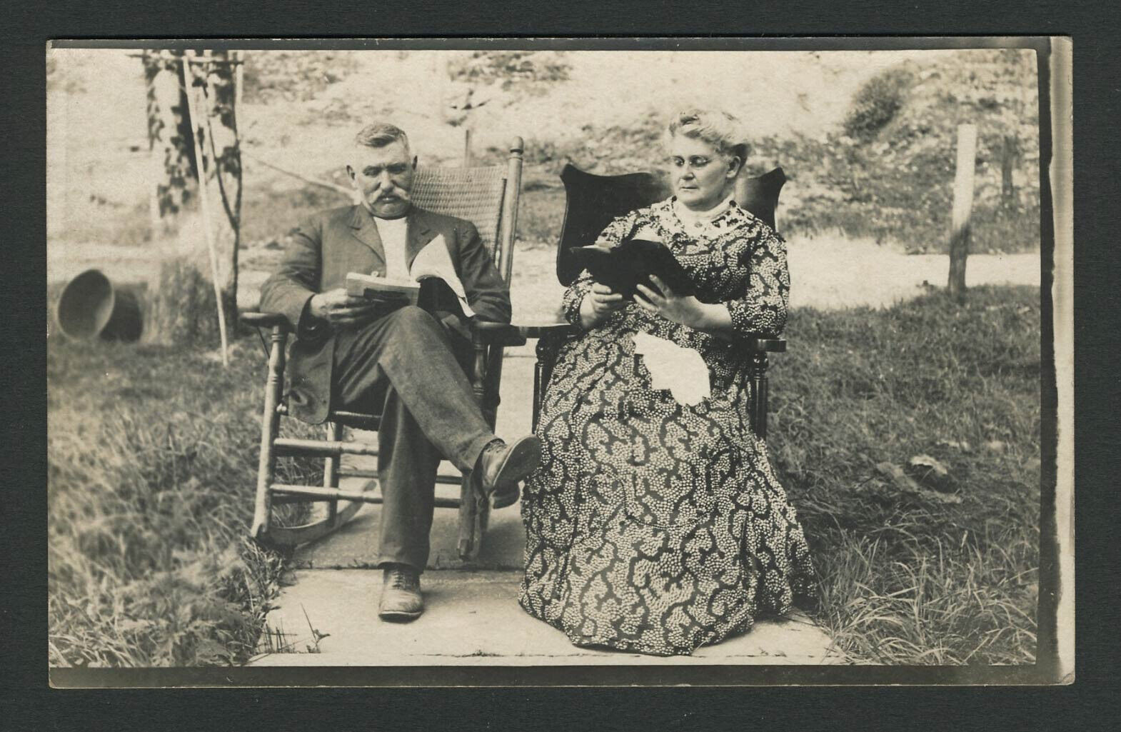 c.1907-14 Velox RPPC Postcard COUPLE, WOMAN WITH UNUSUAL FABRIC DRESS PATTERN
