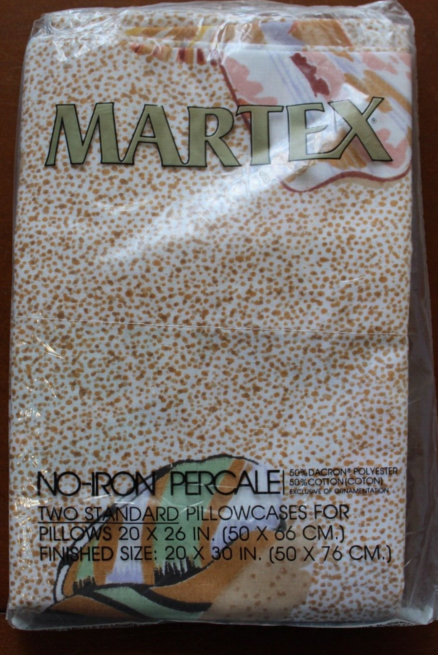 NIP 1970s Vintage Martex Percale Seaside 2 Standard Pillow Cases Dacron Cotton