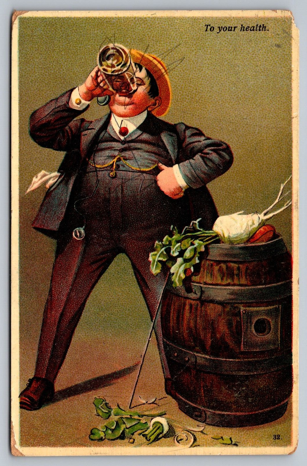 To Your Health-Antique German Postcard Early 1900s-Man Chugging Beer-Vegetables