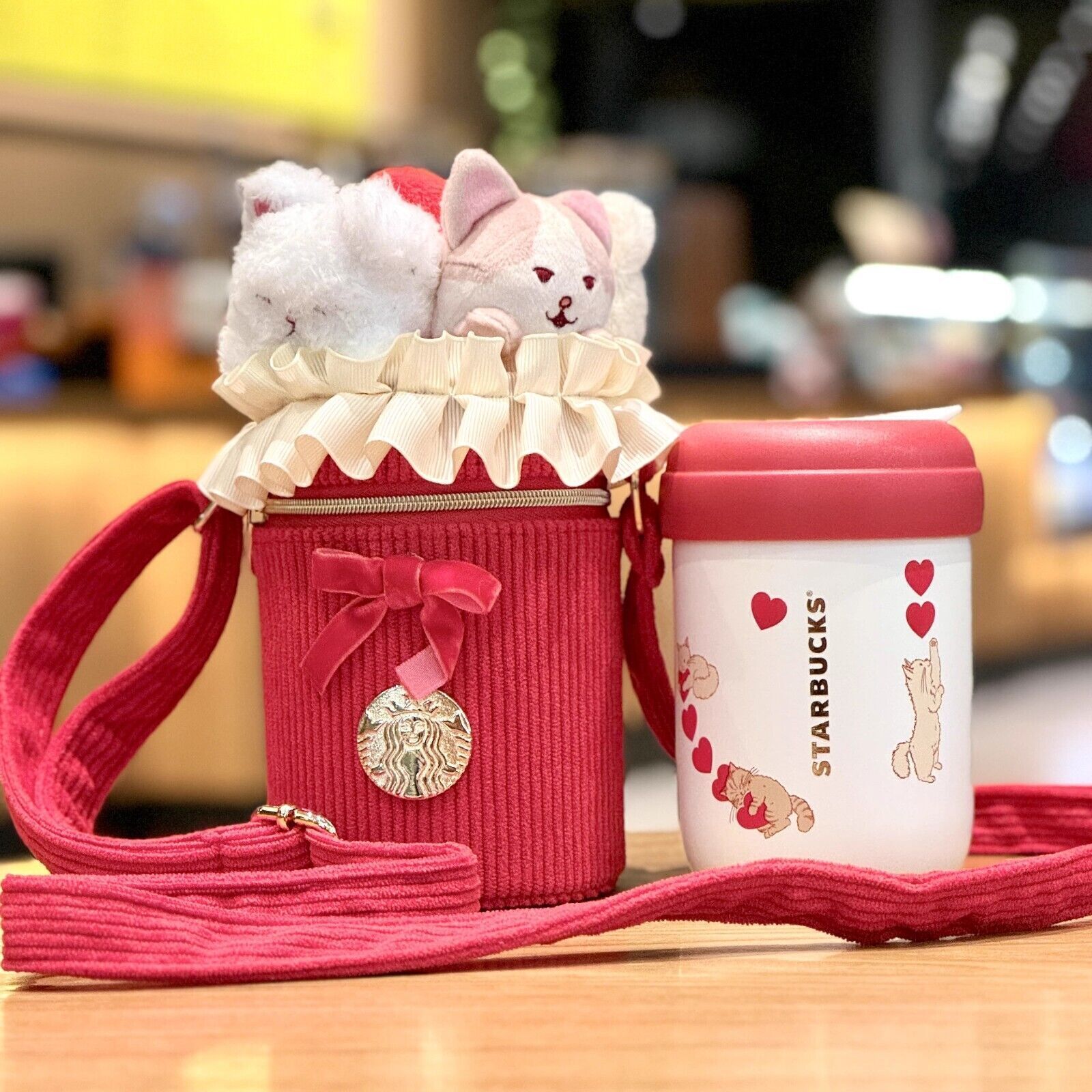 New 2024 China Starbucks Valentine'Day 12oz Lovely Cat SS Straw Cup+Cup Bag Gift