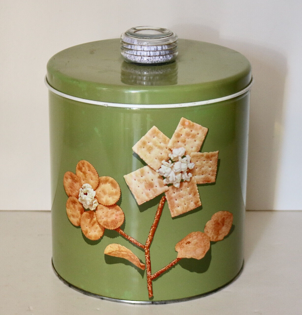 Blue Magic Krispy Kan vintage tin cannister cracker flowers mod mcm