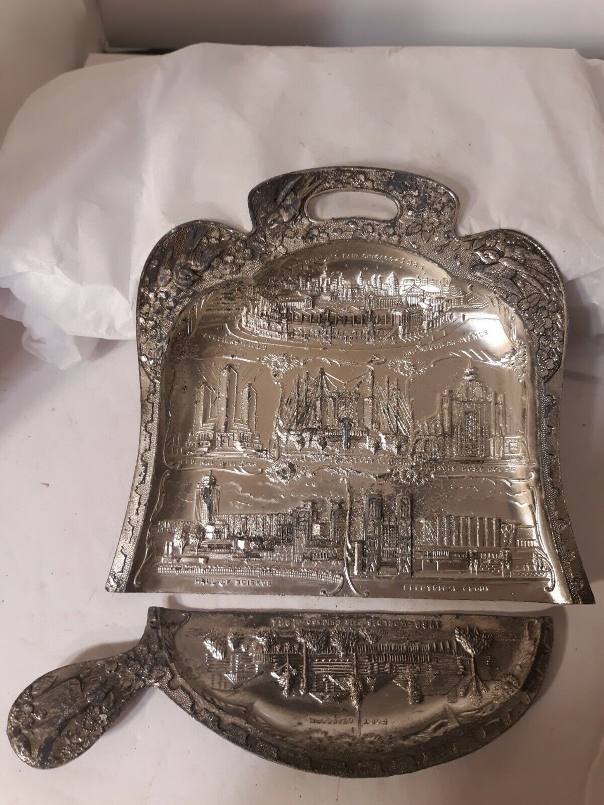 Vtg Antique 1934 chicago worlds fair souvenir tin silver plate ash tray butler