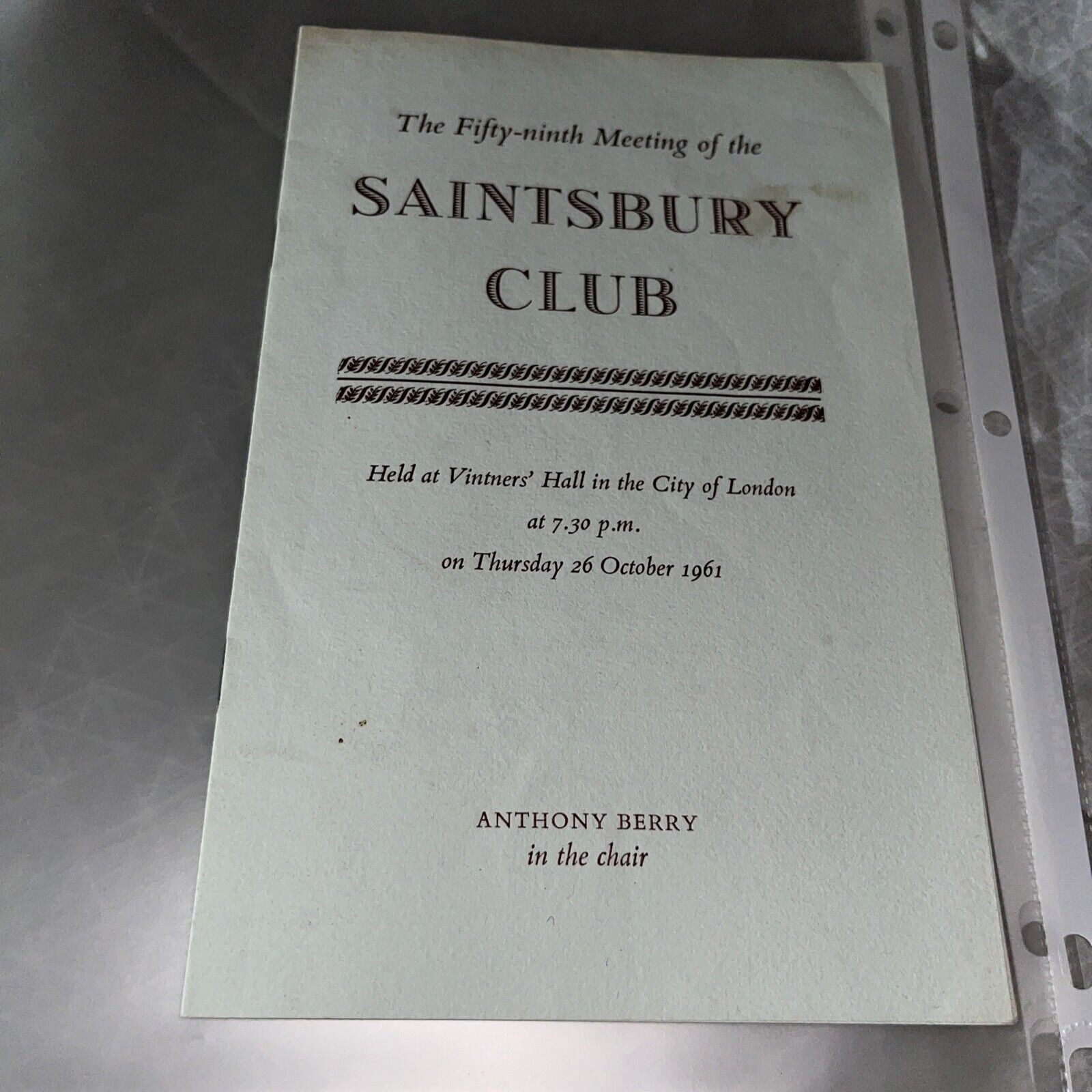 1961 THE SAINTSBURY Club Meeting Program Anthony Berry Chair Wine Tasting London