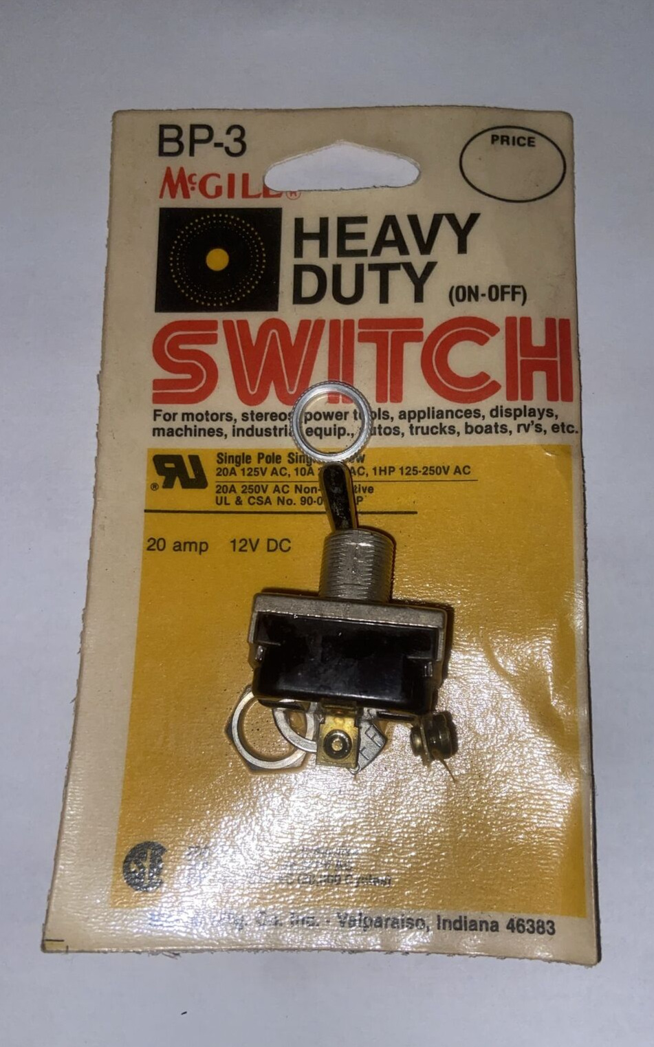 HEAVY DUTY ON/ OFF TOGGLE SWITCH - MCGILL BP-3 AMP 20 amp 12v DC NOS Indiana