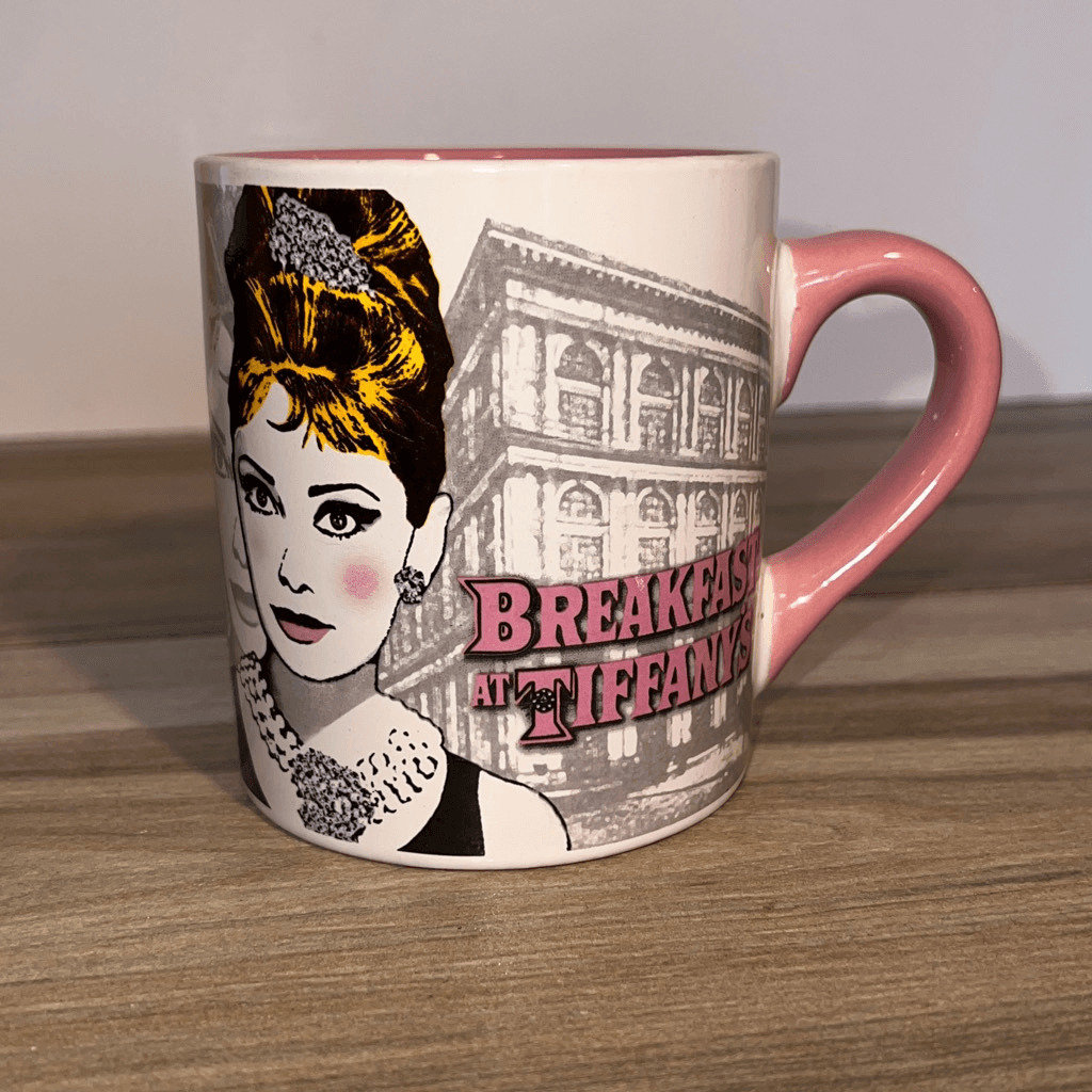 Vintage Breakfast at Tiffany’s Audrey Hepburn Pink And White Coffee Tea Cup Mug