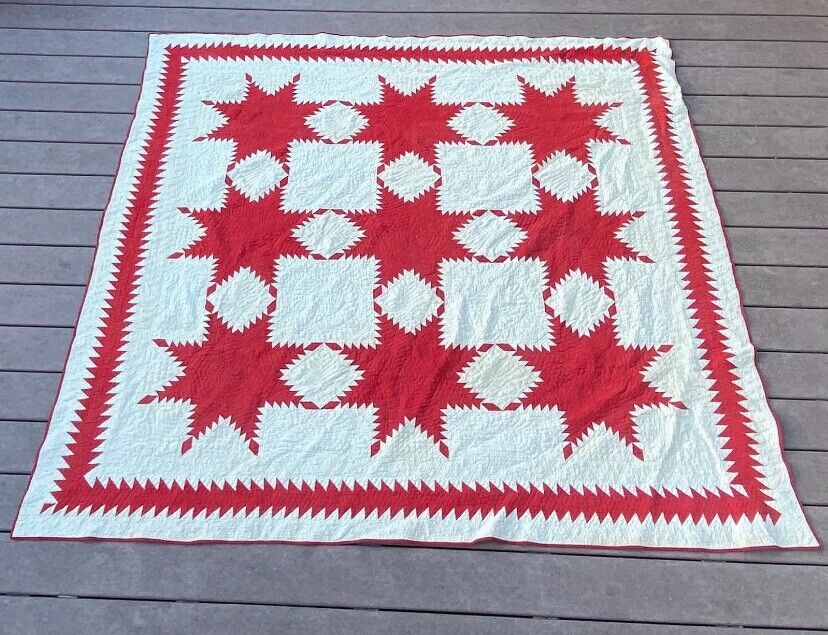 VINTAGE RED AND WHITE STAR  QUILT 76”X 74”