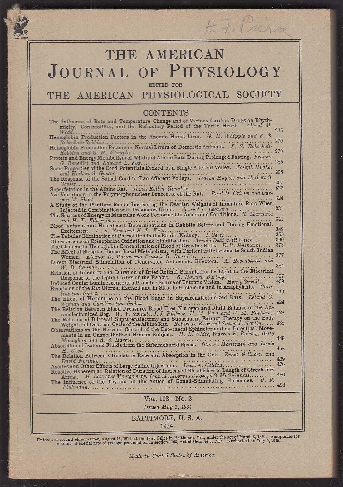American Journal of Physiology v108n2 1934 Herbert S Gasser