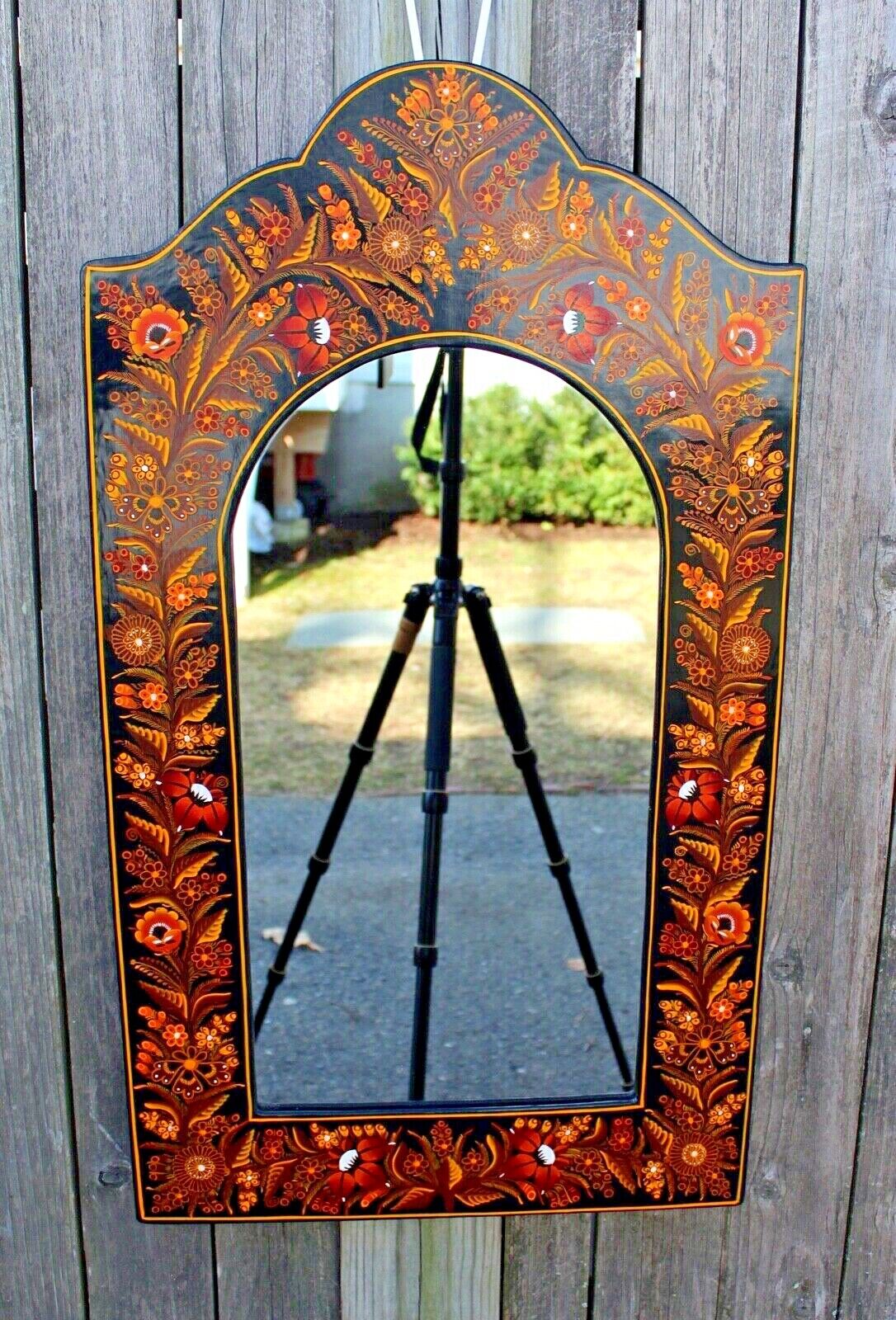 Black & Gold Lacquer Mirror Hand Painted Floral Handmade Olinalá Mexico Folk Art
